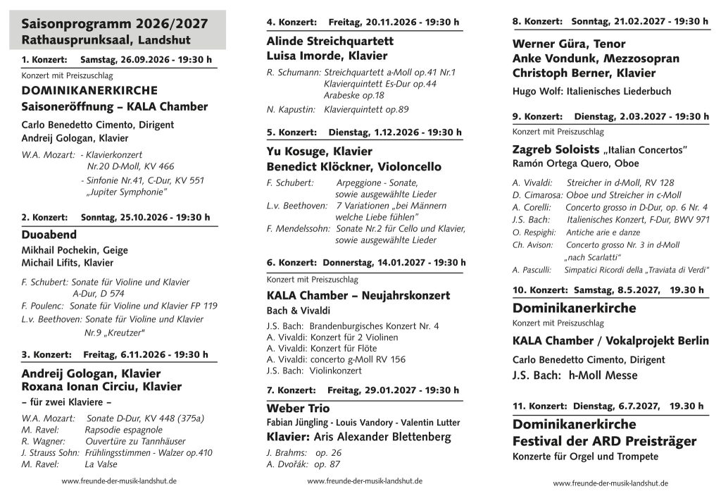 Saisonprogramm 2026/2027 der Freunde der Musik Landshut – Übersicht aller elf Konzerte im Rathausprunksaal